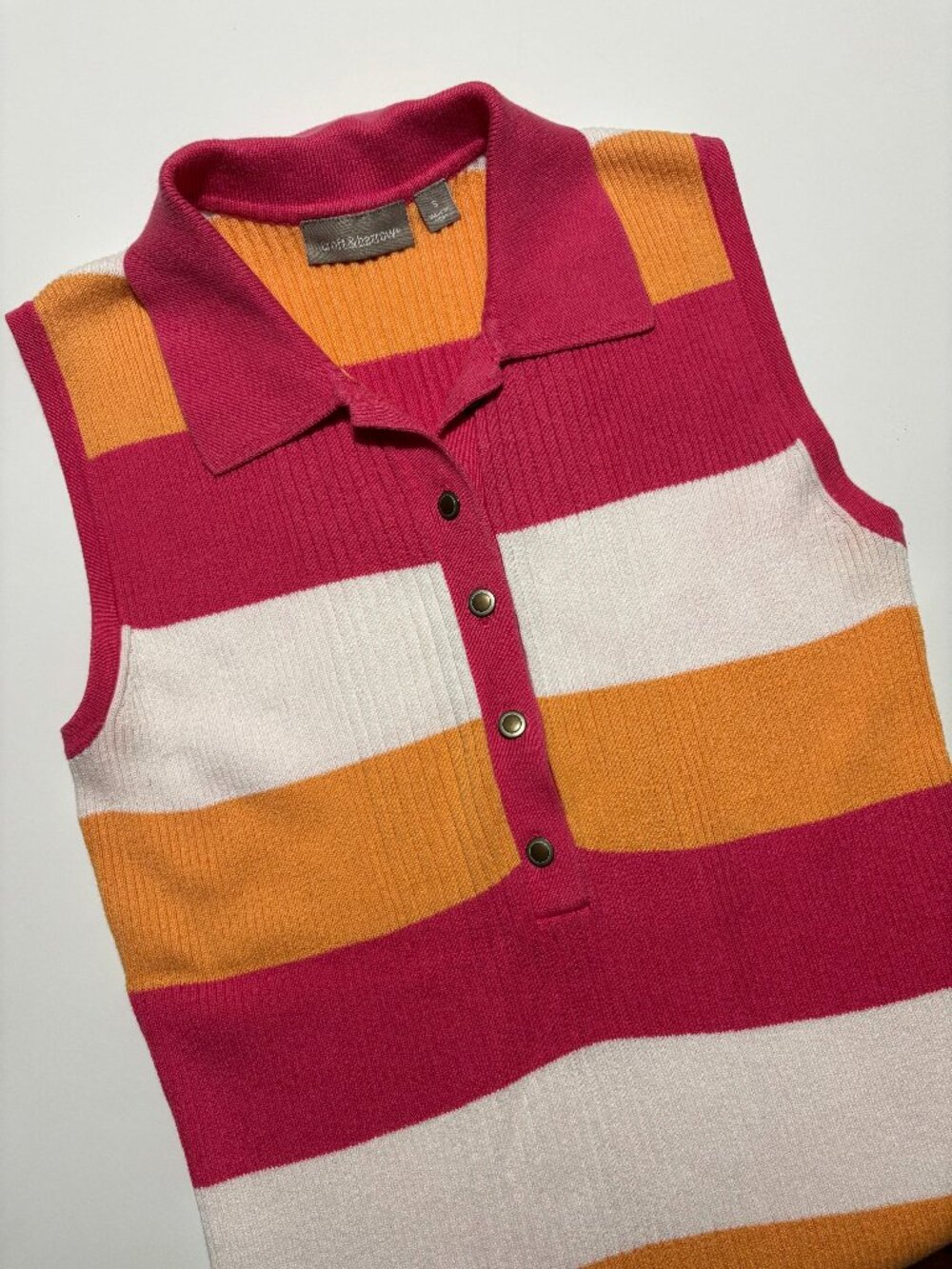 Croft & Barrow Pink & Orange Y2K Cotton Colorblock Knit Ribbed Polo Tank Top